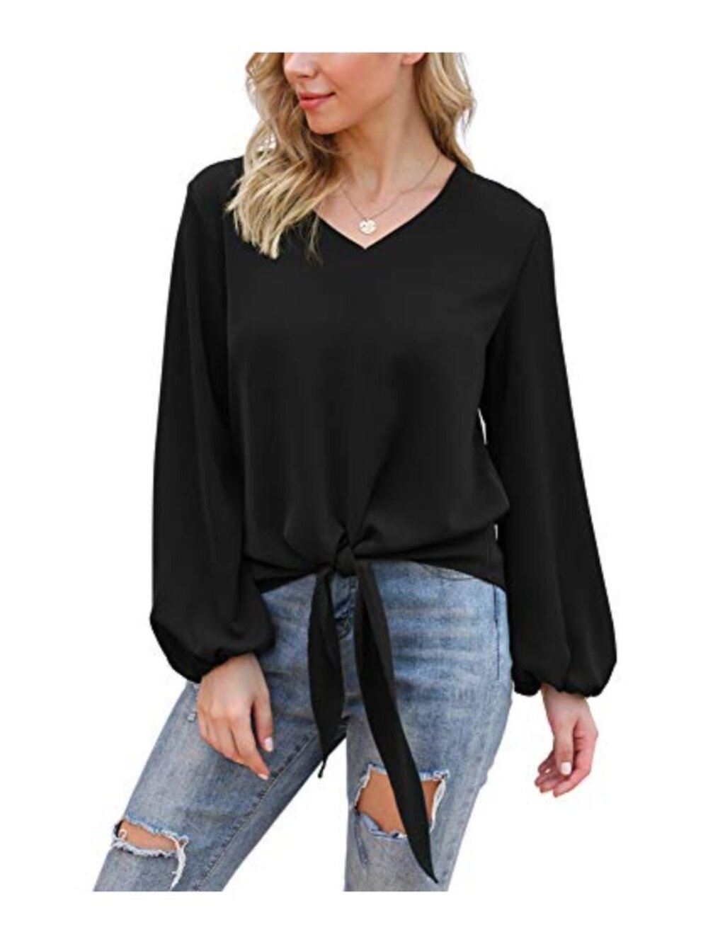 Floral Chiffon V-Neck Blouse with Tie Front & Lantern Sleeve